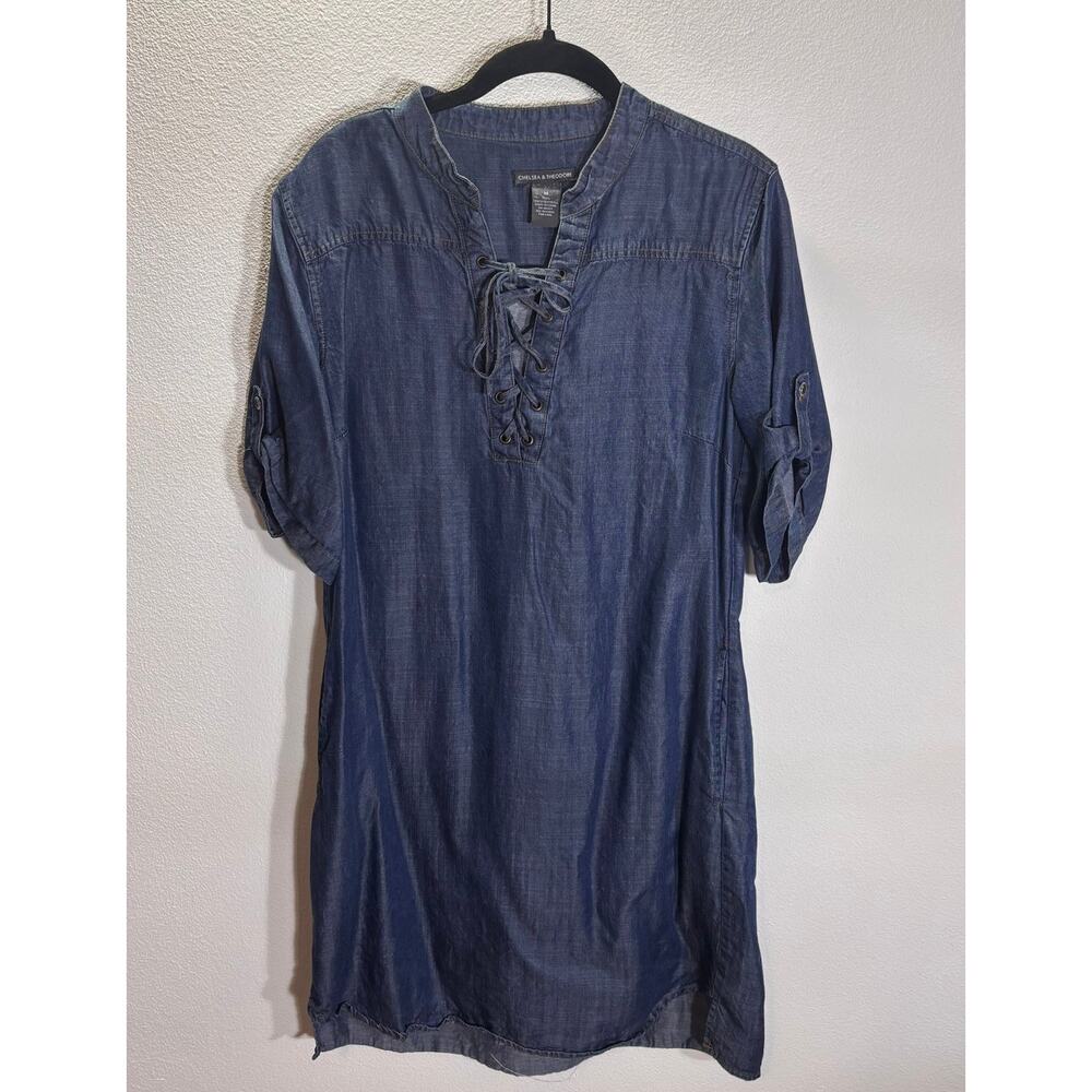 Chelsea & Theodore Chambray Denim Lace Up Shift Dress Medium Boho Tencel